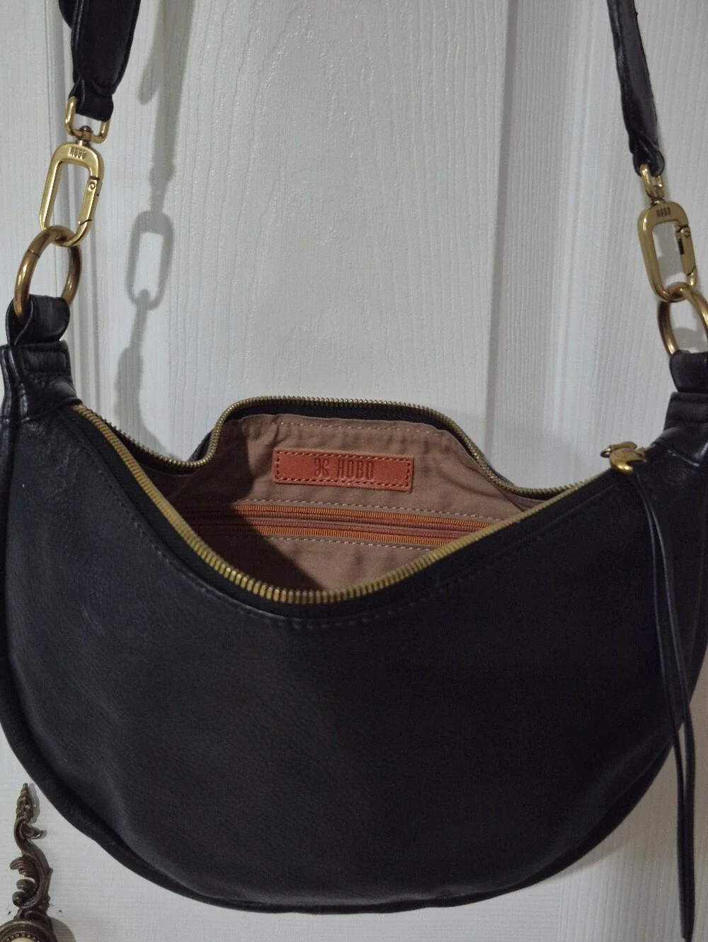 HOBO Black Crescent Leather Crossbody with Gold Hardware